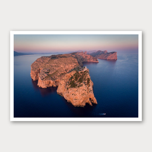 A photographic print of Cap De Formentor, framed with a white border and shown against a light gray background.