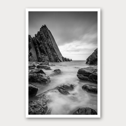 A black and white photographic print of Cloudy Waters, framed with a white border and shown against a light gray background.