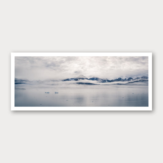 A photographic print of Glacial Waters, framed with a white border and shown against a light gray background.