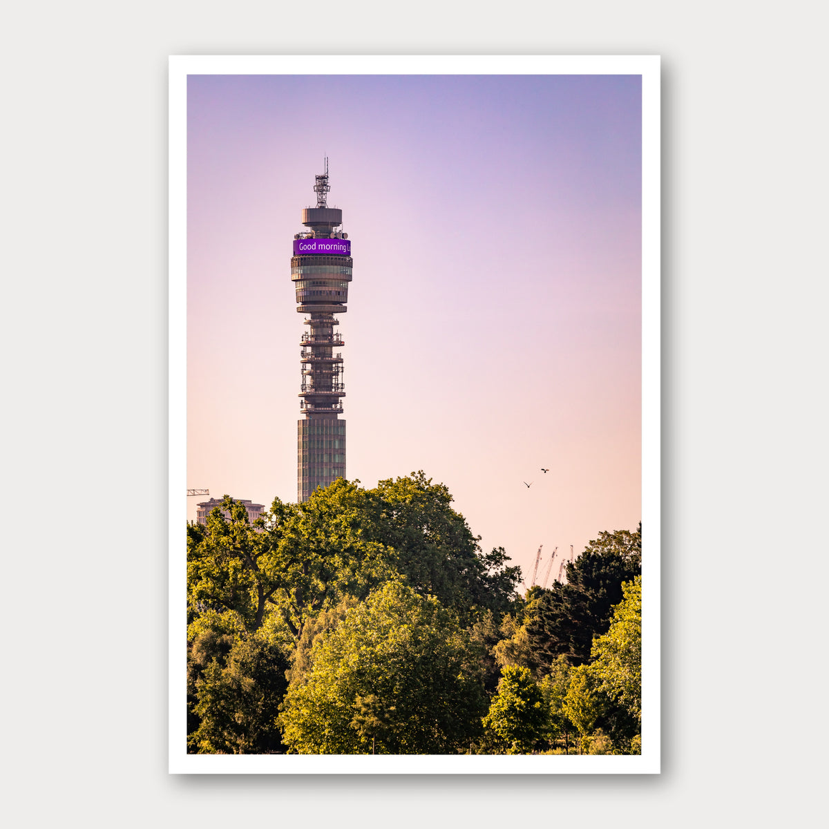 A photographic print of Good Morning London, framed with a white border and shown against a light gray background.