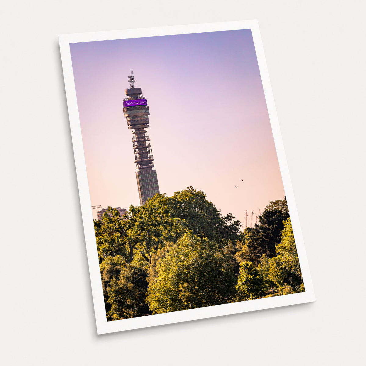 A photographic art print of Good Morning London, displayed at an angle on a light gray background.