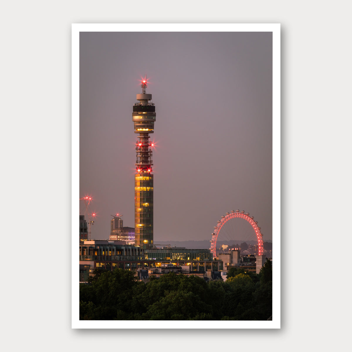 A photographic print of London Lights, framed with a white border and shown against a light gray background.