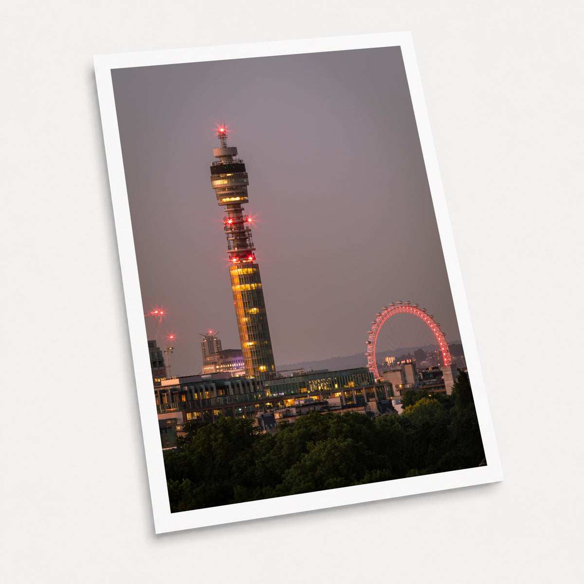 A photographic art print of London Lights, displayed at an angle on a light gray background.