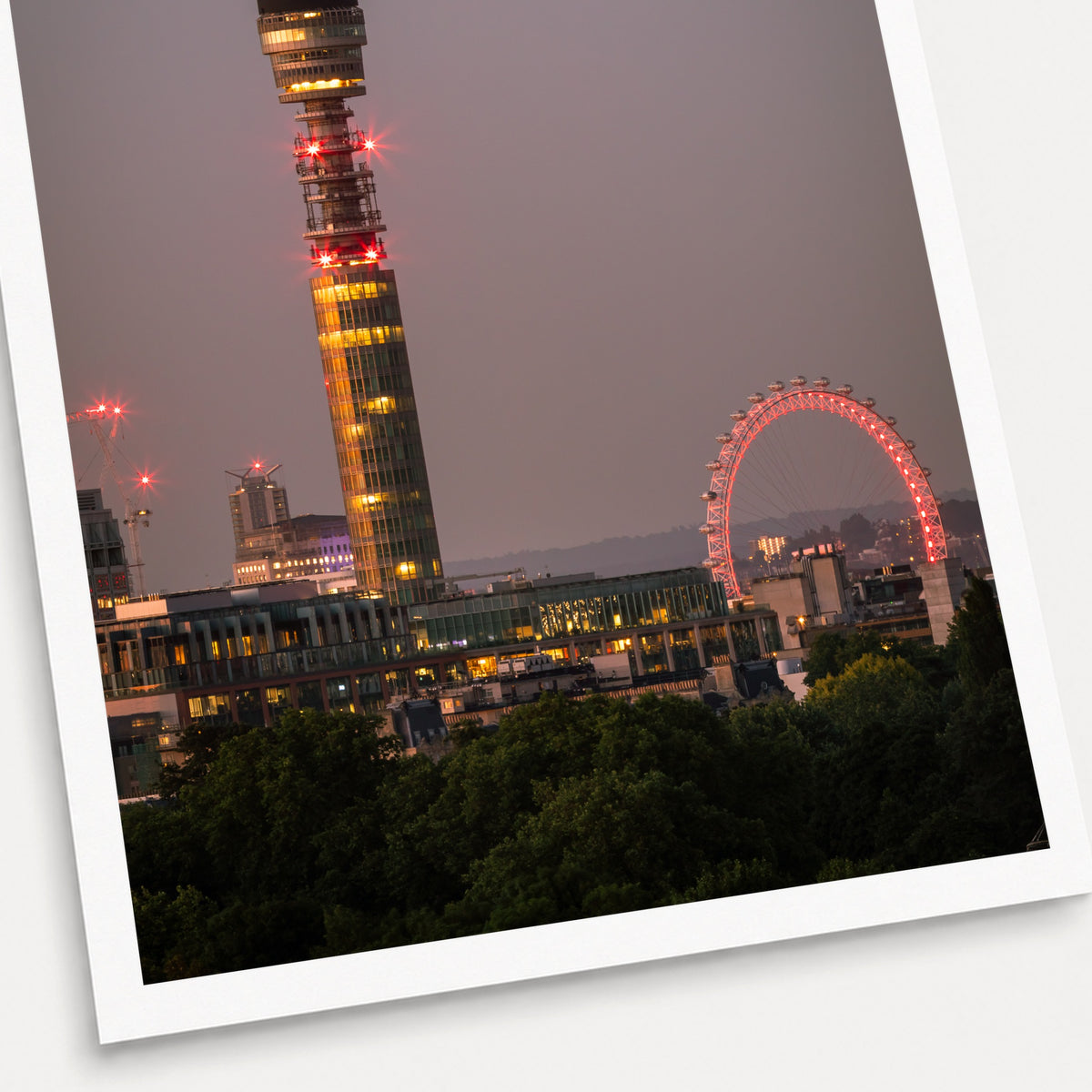 A photographic print of London Lights, shown with a white border and angled presentation on a light background.