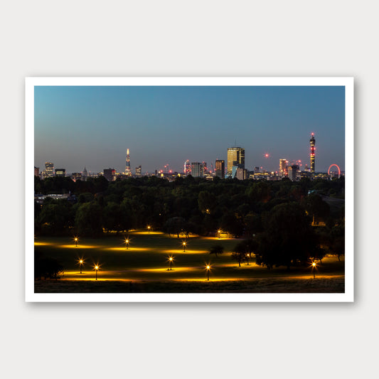 A photographic print of Looking Over London, framed with a white border and shown against a light gray background.