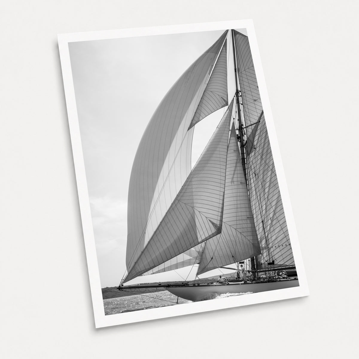 A black and white photographic art print of Mariquita's Rigging, displayed at an angle on a light gray background.