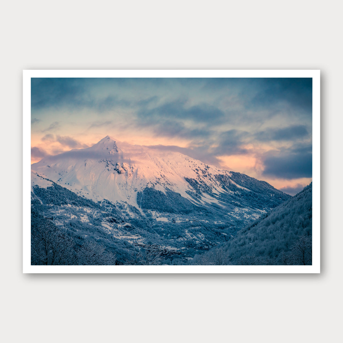 A photographic print of Mountain Views, framed with a white border and shown against a light gray background.