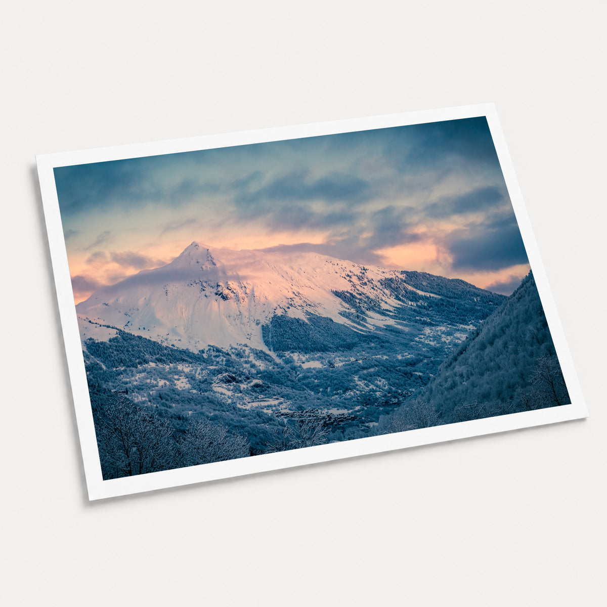 A photographic art print of Mountain Views, displayed at an angle on a light gray background.
