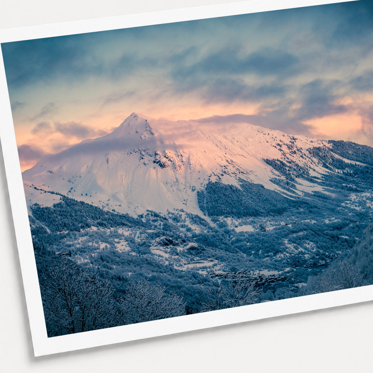 A photographic print of Mountain Views, shown with a white border and angled presentation on a light background.