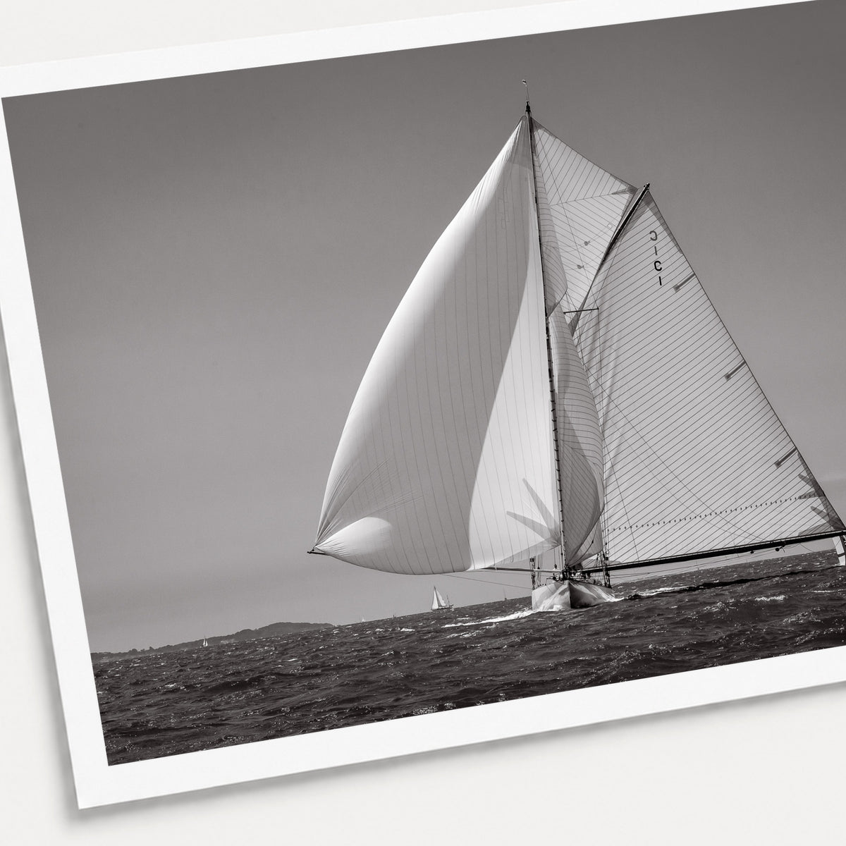 A black and white photographic print of Running with the Wind, shown with a white border and angled presentation on a light background.