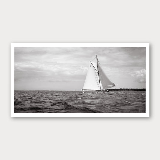 A black and white photographic print of Sail Away, framed with a white border and shown against a light gray background.
