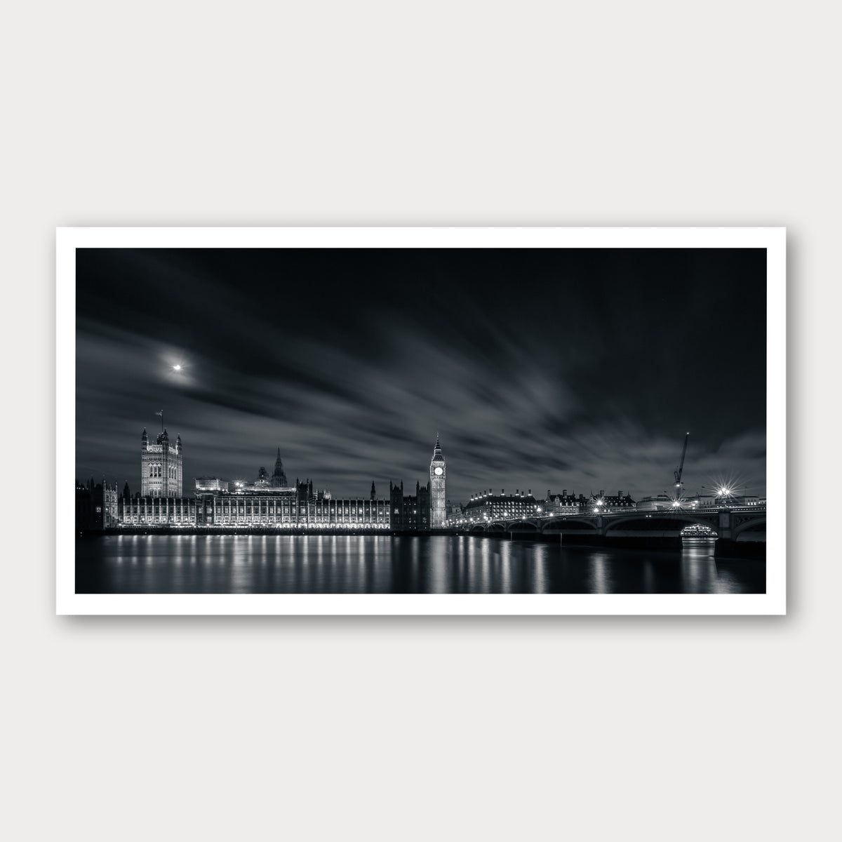 A black and white photographic print of Sightseeing, framed with a white border and shown against a light gray background.
