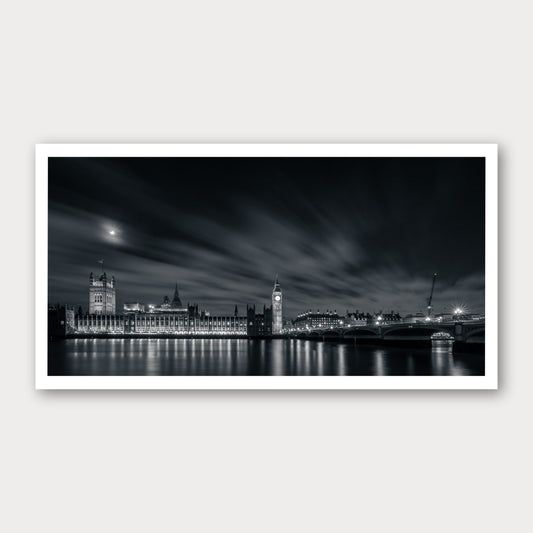 A black and white photographic print of Sightseeing, framed with a white border and shown against a light gray background.