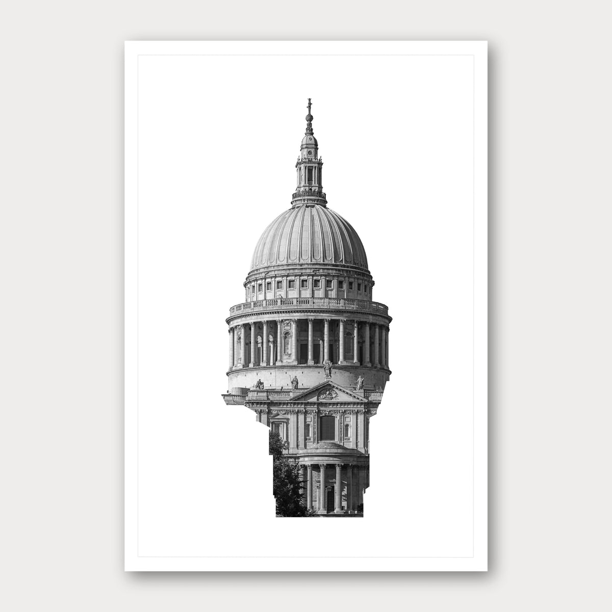 A black and white photographic print of St Paul's Cathedral, framed with a white border and shown against a light gray background.