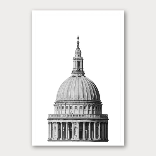 A black and white photographic print of St Paul's Cathedral, framed with a white border and shown against a light gray background.
