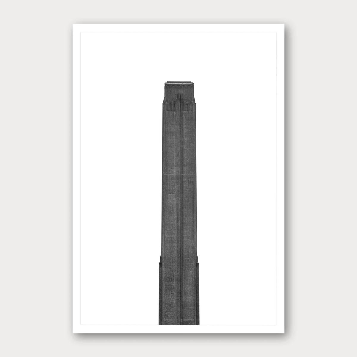 A black and white photographic print of Tate Modern, framed with a white border and shown against a light gray background.
