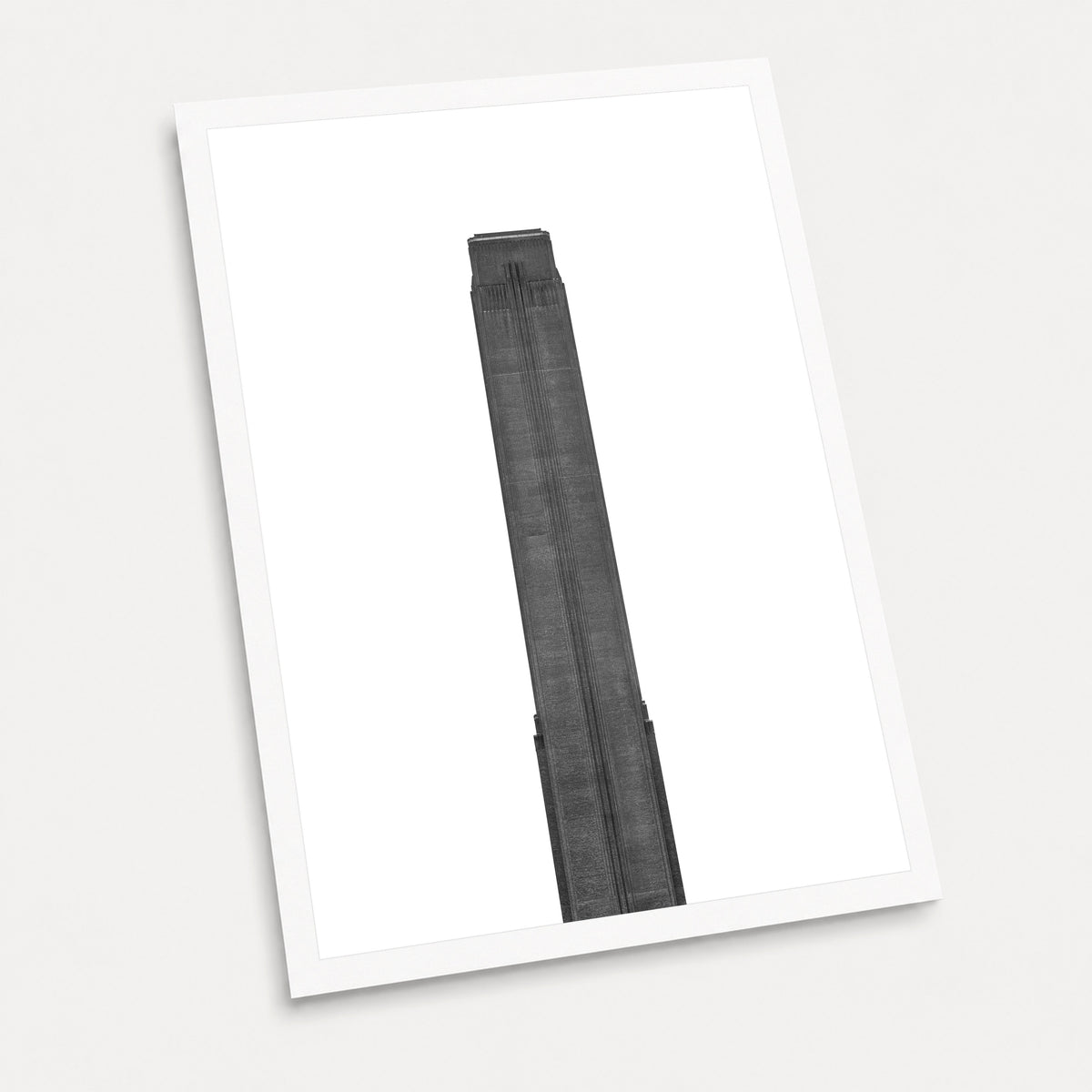 A black and white photographic art print of Tate Modern, displayed at an angle on a light gray background.