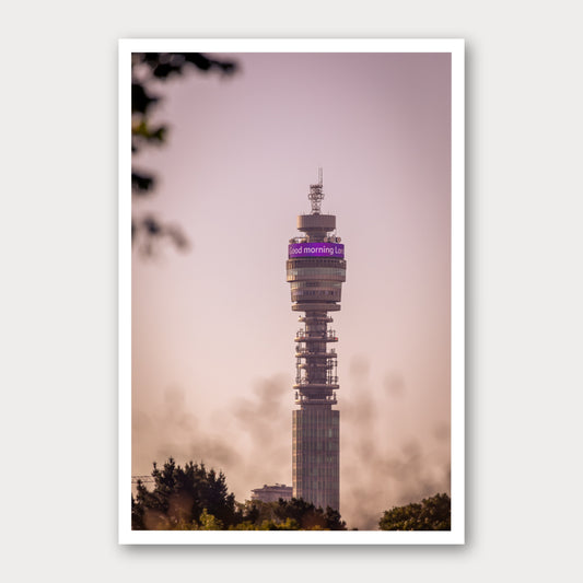 A photographic print of The BT Tower at Dawn, framed with a white border and shown against a light gray background.
