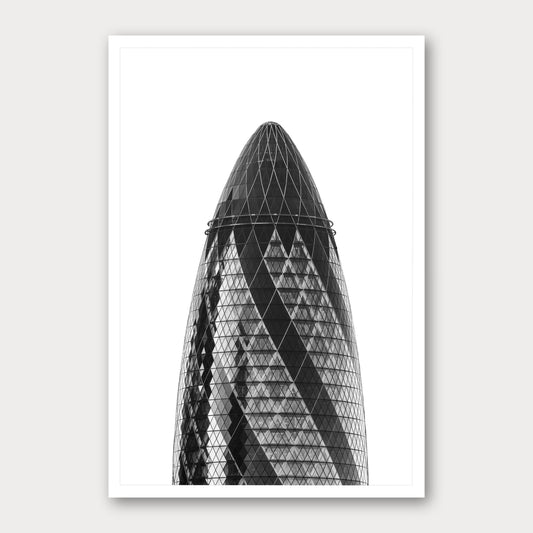 A black and white photographic print of The Gherkin, framed with a white border and shown against a light gray background.