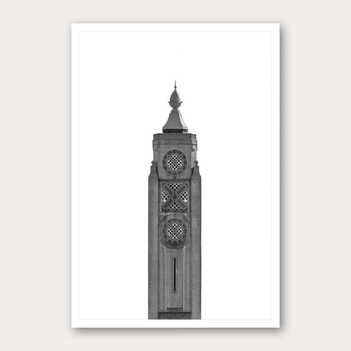 A black and white photographic print of The Oxo Tower, framed with a white border and shown against a light gray background.