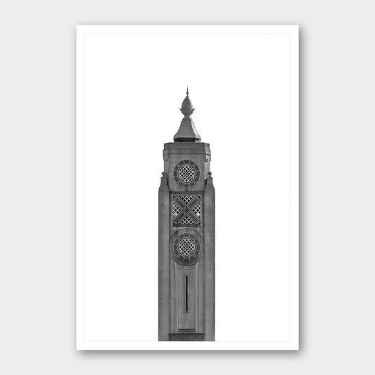 A black and white photographic print of The Oxo Tower, framed with a white border and shown against a light gray background.