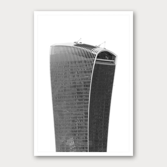 A black and white photographic print of The Walkie Talkie, framed with a white border and shown against a light gray background.