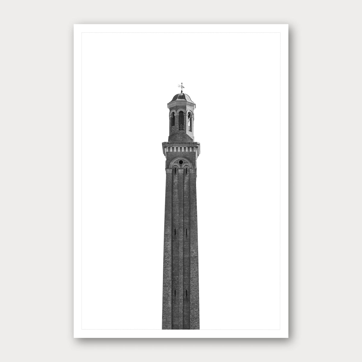 A black and white photographic print of The Water Tower, framed with a white border and shown against a light gray background.