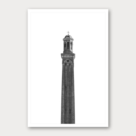 A black and white photographic print of The Water Tower, framed with a white border and shown against a light gray background.