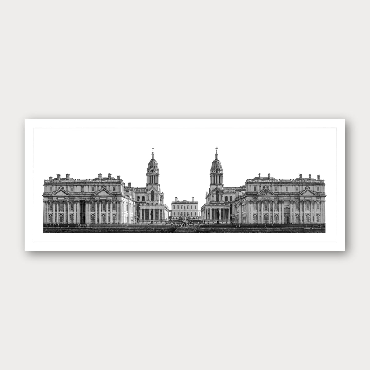 A black and white photographic print of University of Greenwich, framed with a white border and shown against a light gray background.