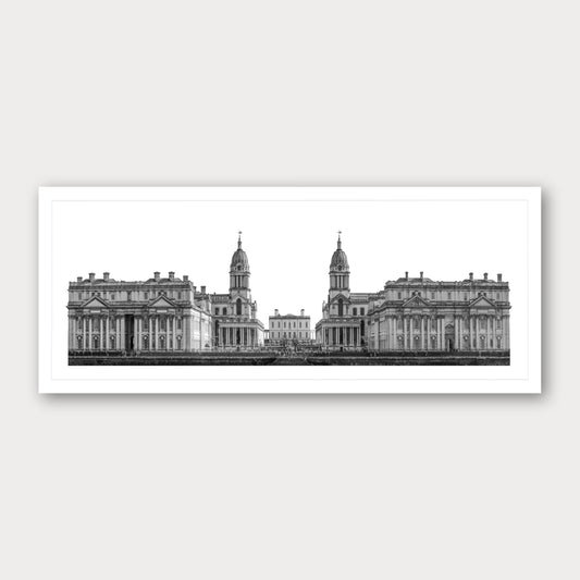 A black and white photographic print of University of Greenwich, framed with a white border and shown against a light gray background.