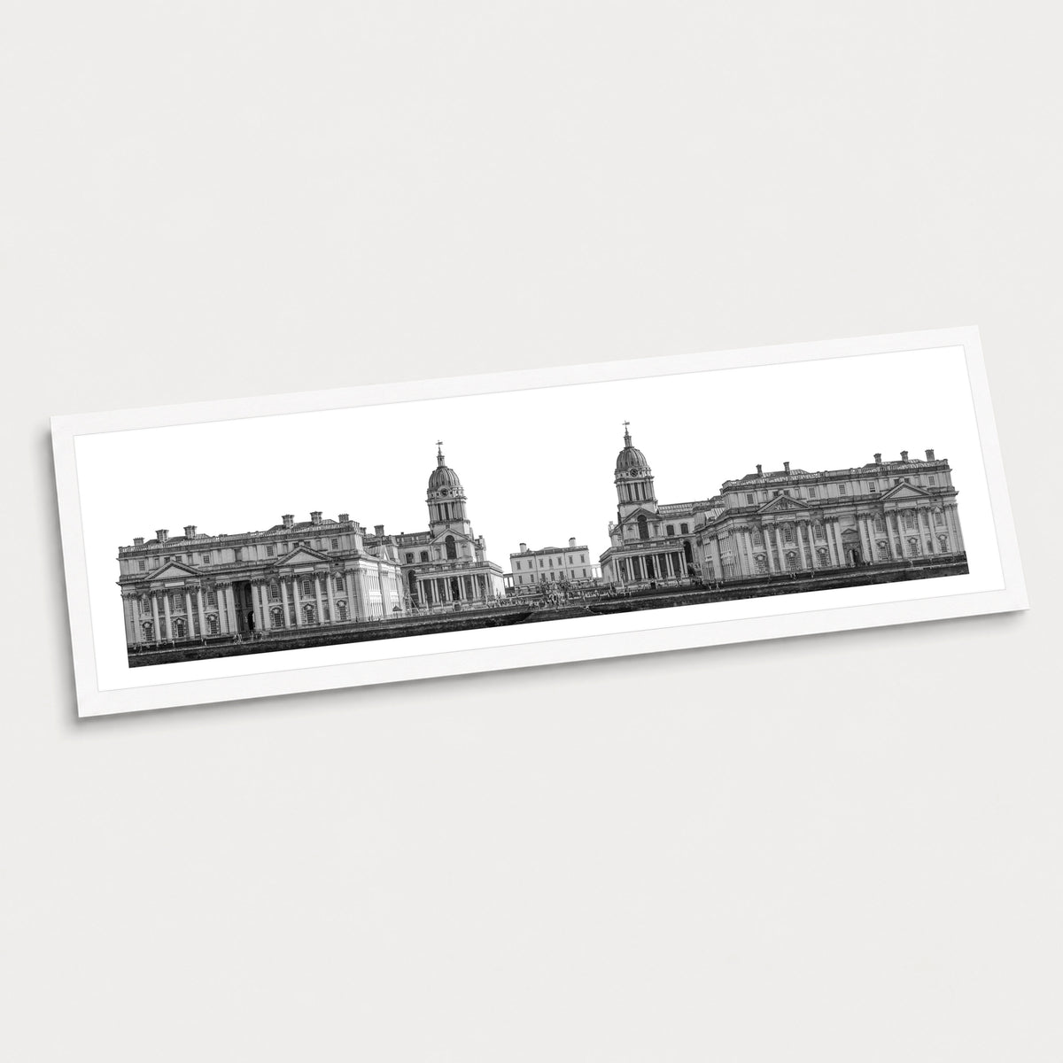 A black and white photographic art print of University of Greenwich, displayed at an angle on a light gray background.